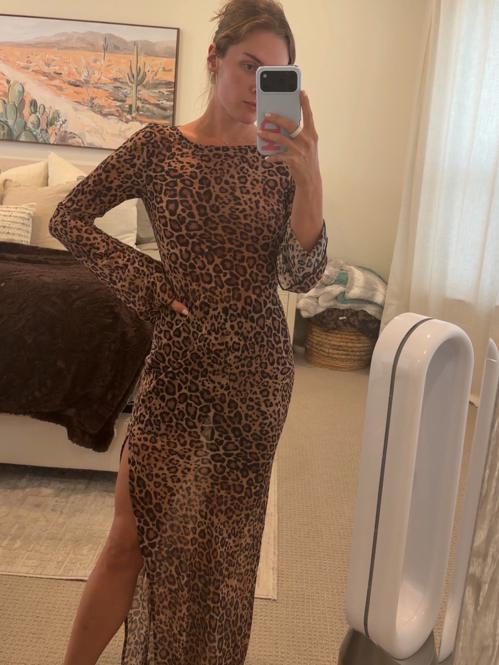 Camila Coelho Leopard Print Brown Midi Dress with High Slit